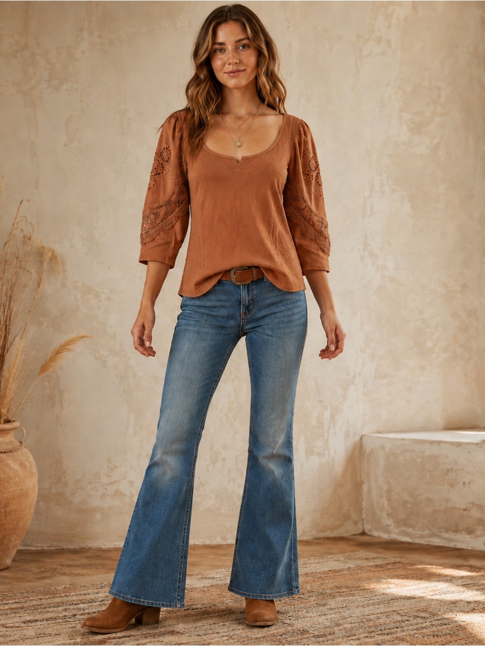 Free People Rust Brown Scoop Neck Crochet Sleeve Top